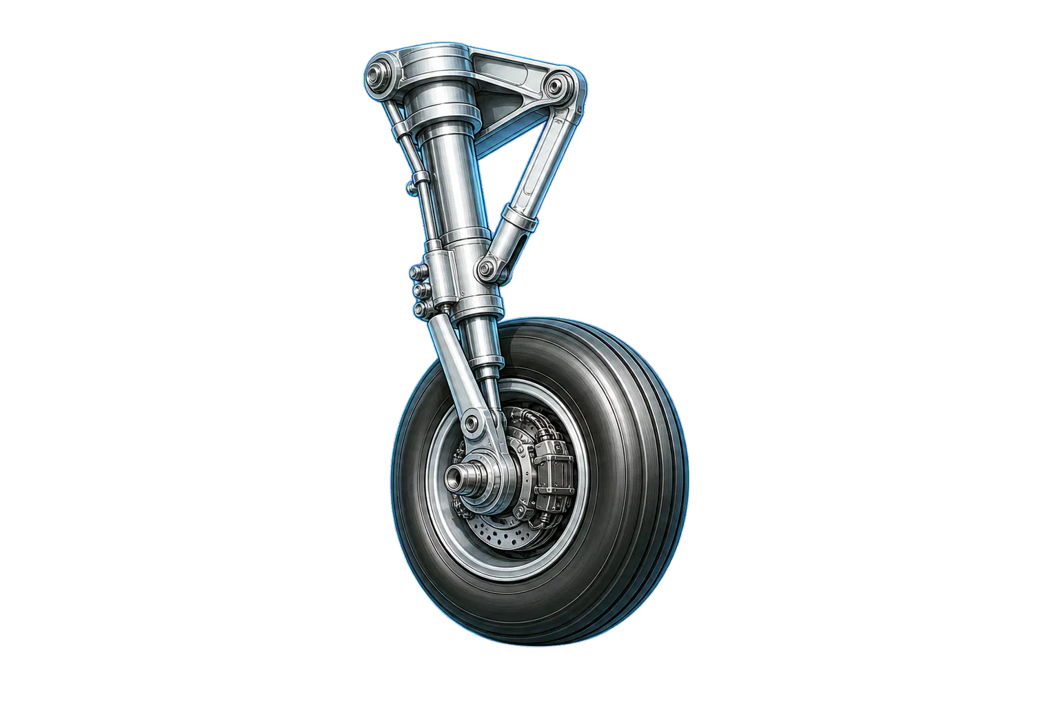 Technical illustration of an aircraft landing gear and wheel assembly