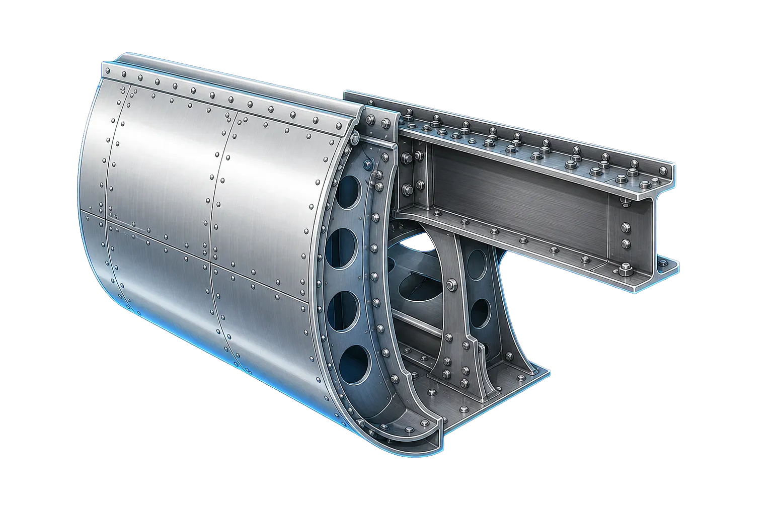 Technical illustration of a riveted aircraft structural panel and frame